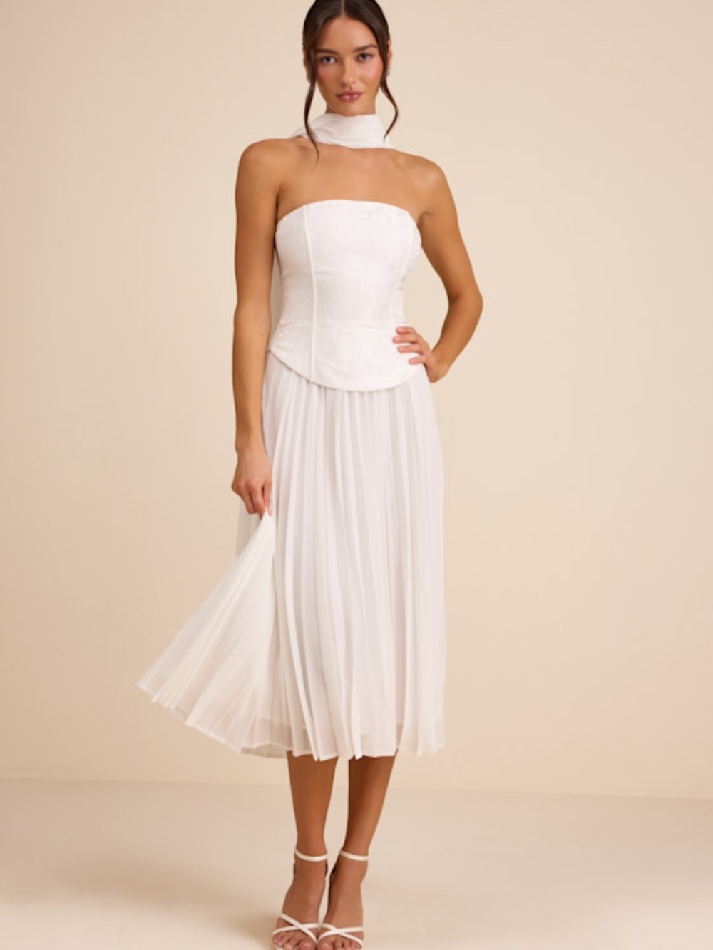 Lulus Laubrey White Floral Jacquard Midi Dress And Scarf Set - Size S